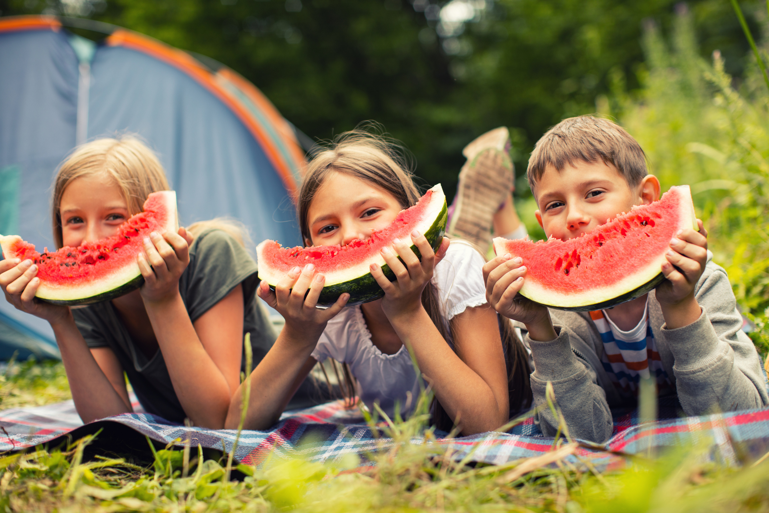 Kids on camping eating watermelon